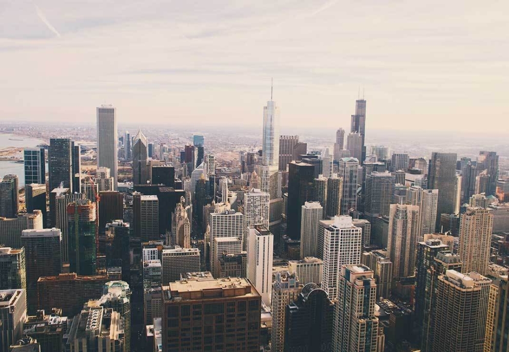 Chicago skyline shot from a tall building north of downtown.